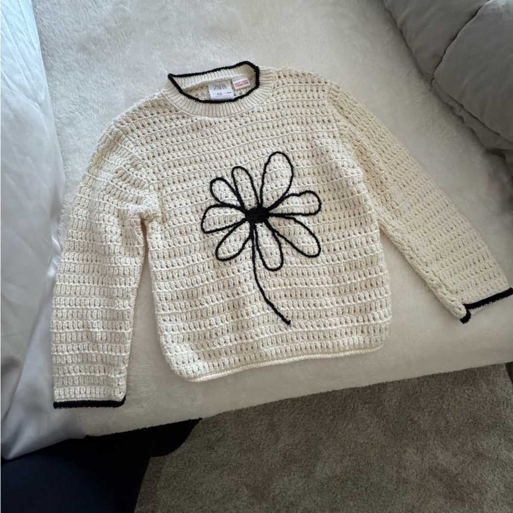 Cream Sweater with Black Flower Design